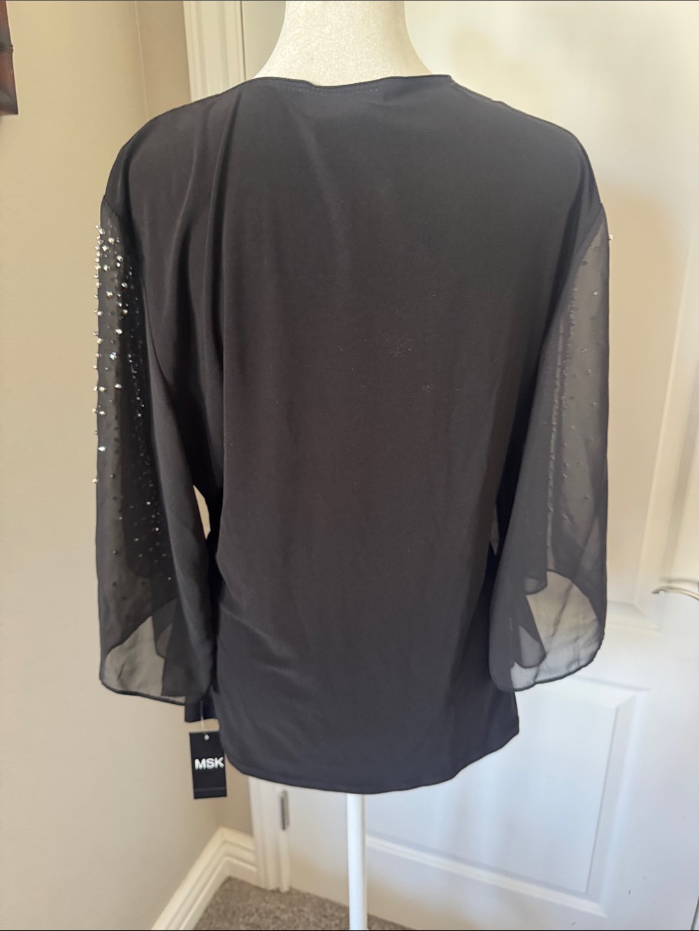 Black Draped V-Neck Women's Top with Sheer Embellished Open Sleeves - Picture 5 of 6